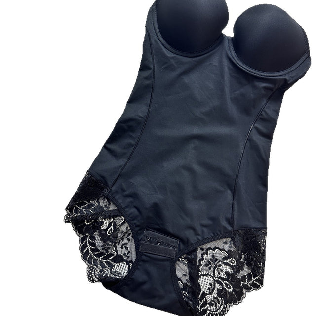 Black shapewear bodysuit flat lay