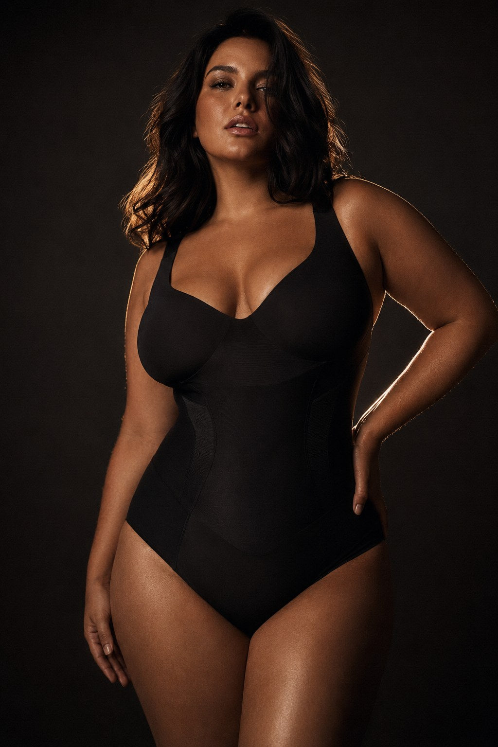 The Sculpt Bodysuit in black — side-lit, studio.